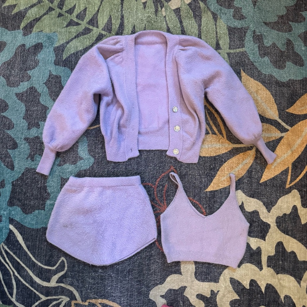 Lavender Three Piece Sweater Set For Love Bell Shorts Bralette Felt Soft Dancer